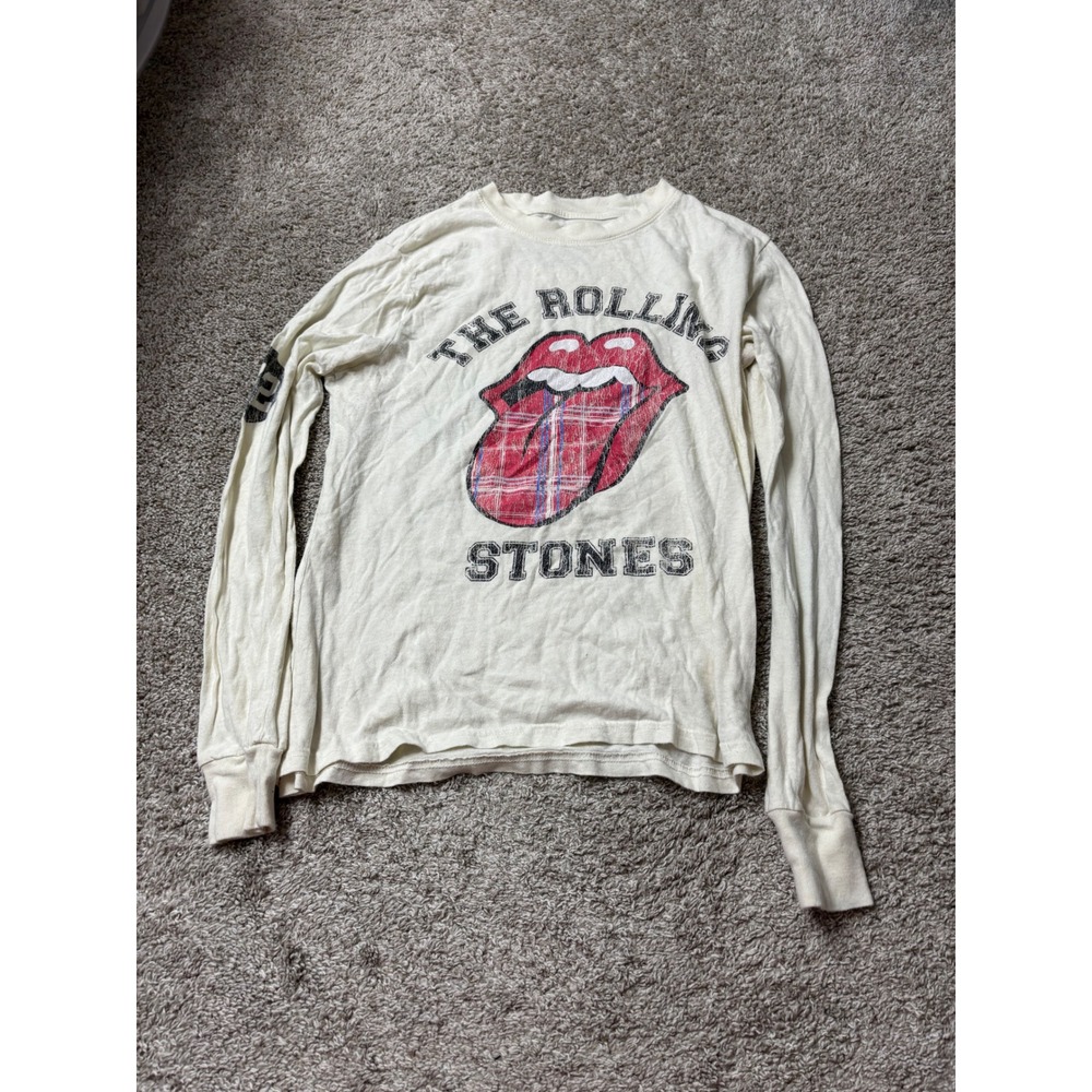 Rolling Stones Long Sleeve Plaid Tongue Graphic Tee Cream Mens Large